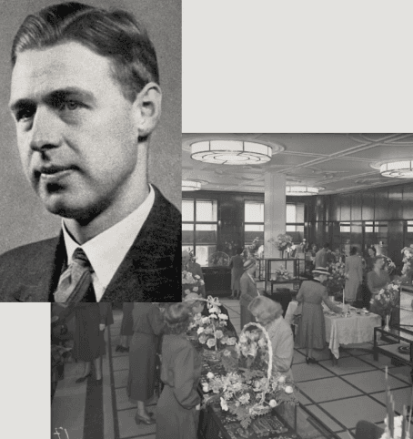 Portrett av Ivar David-Andersen ved siden av et bilde fra selskapet under 75-årsjubileet i 1951.