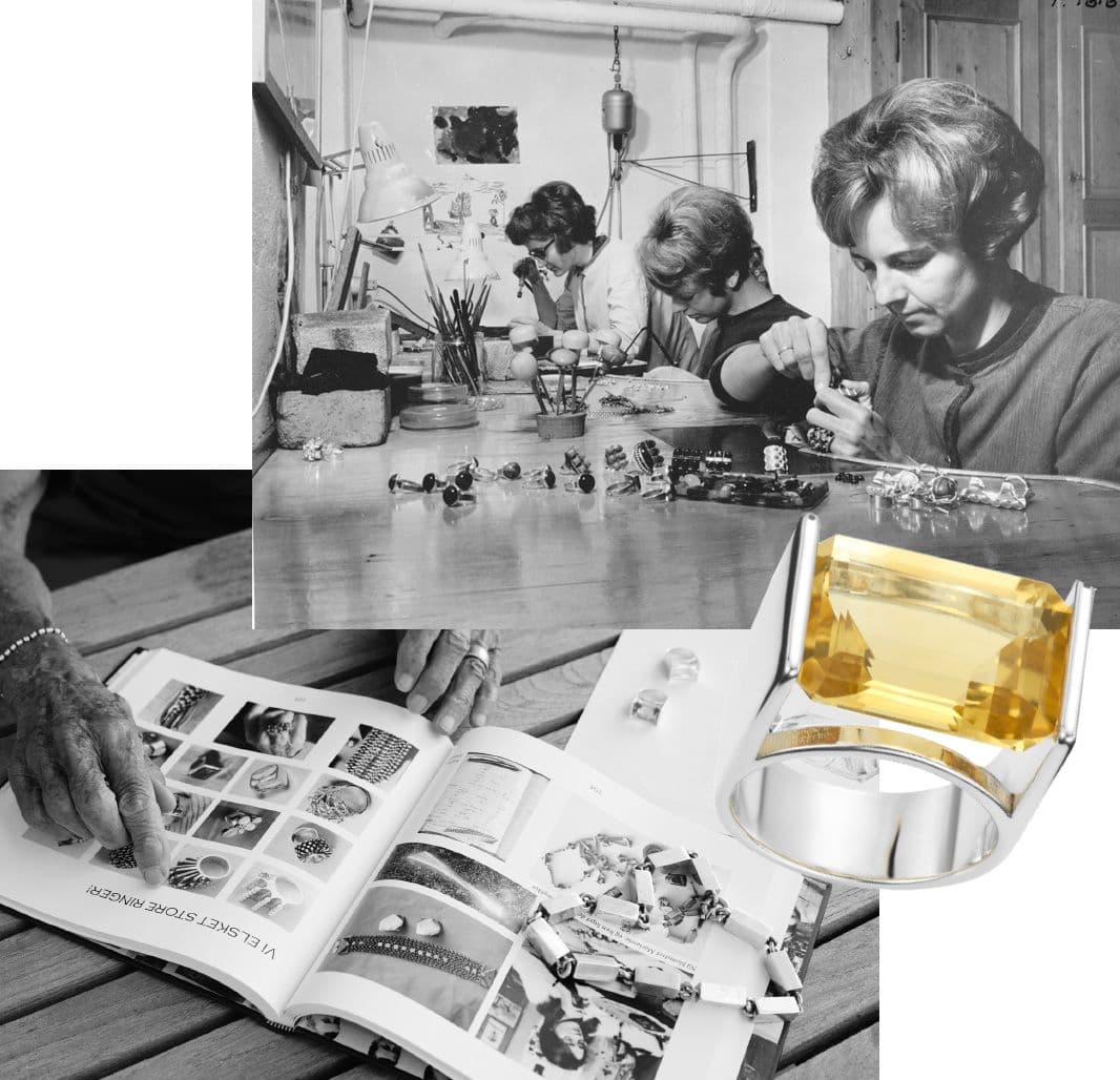 Gullsmeder ved arbeidsbenken i Uni David-Andersens verksted, med en ring med gul sten og en oppslått katalog i forgrunnen.