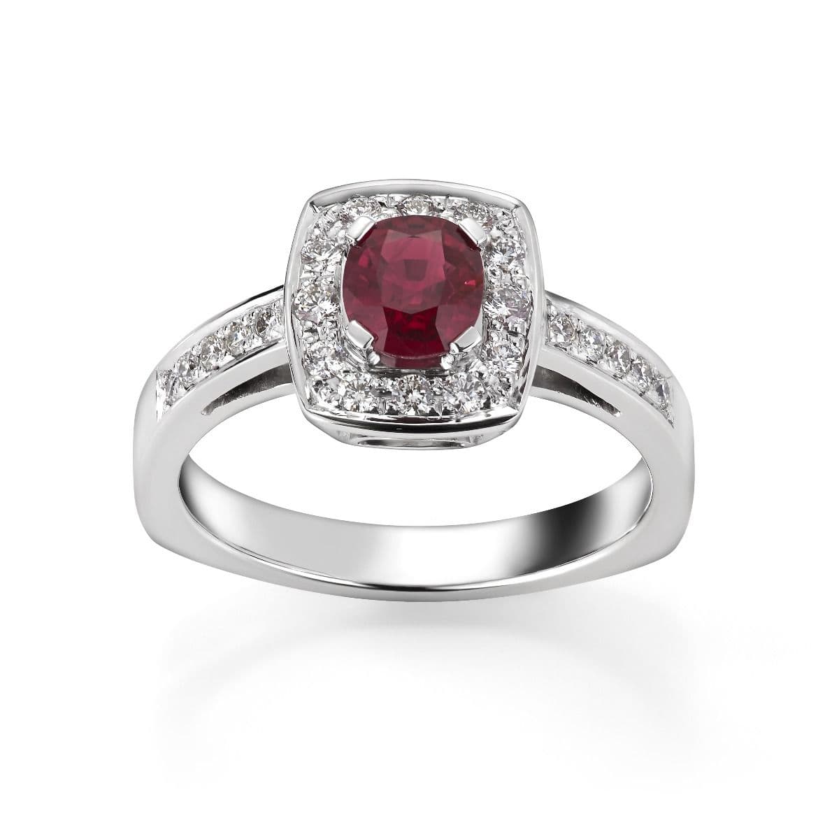 Ring med en rød sten omkranset av mindre diamanter, satt i et bånd besatt av diamanter.