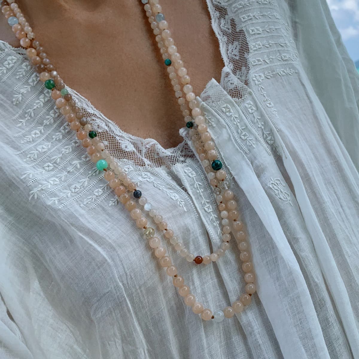 Kjede, Bead Collier - Blush Månesten, Serpentin, Akvamarin, Turkis, Malakitt