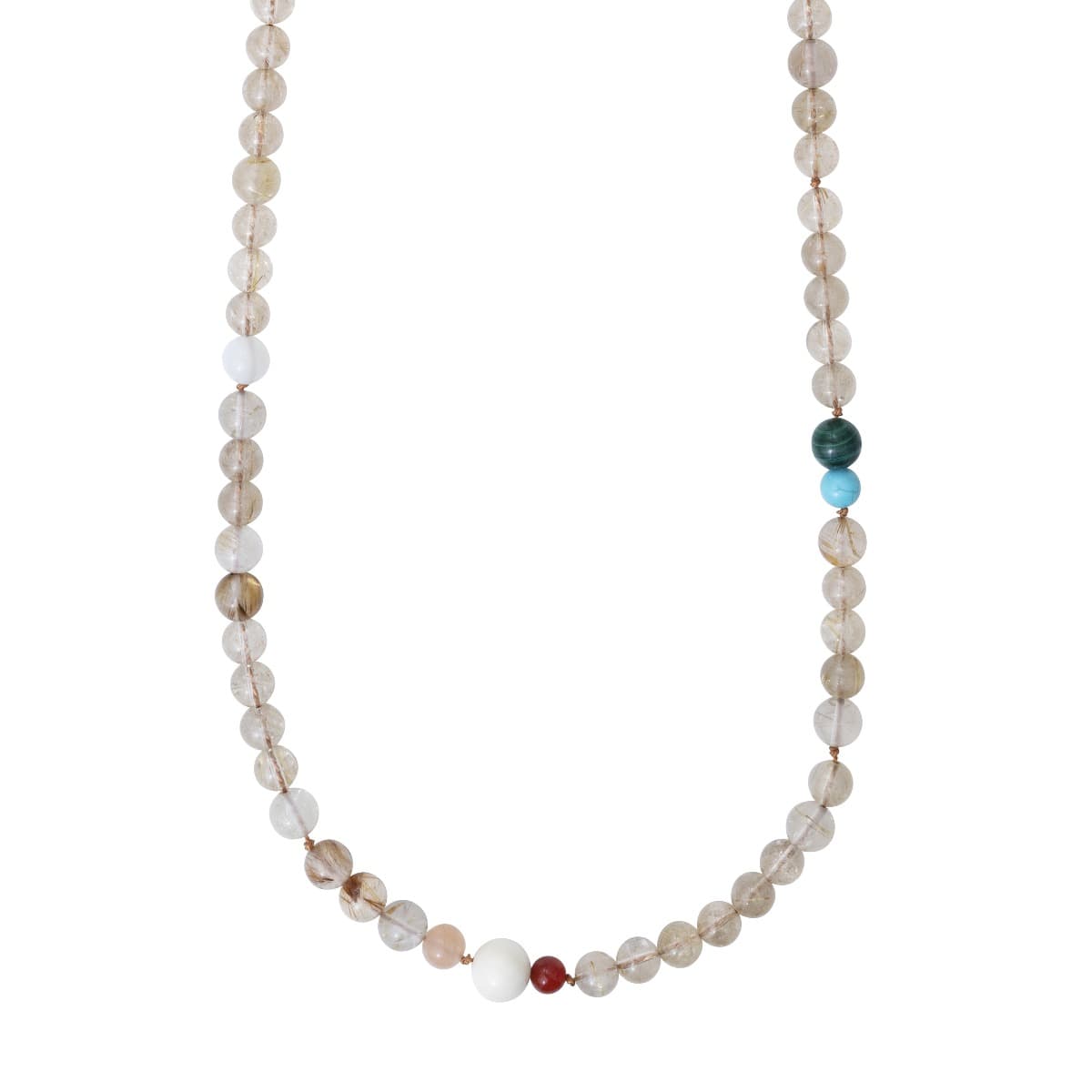 Kjede, Bead Collier - Rutilkvarts, Serpentin, Turkis, Malakitt, Akvamarin